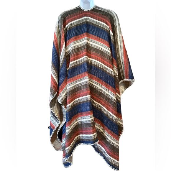 Modena Women’s One Size Blue and Rust Serape Stripe Blanket Shawl - Picture 2 of 3